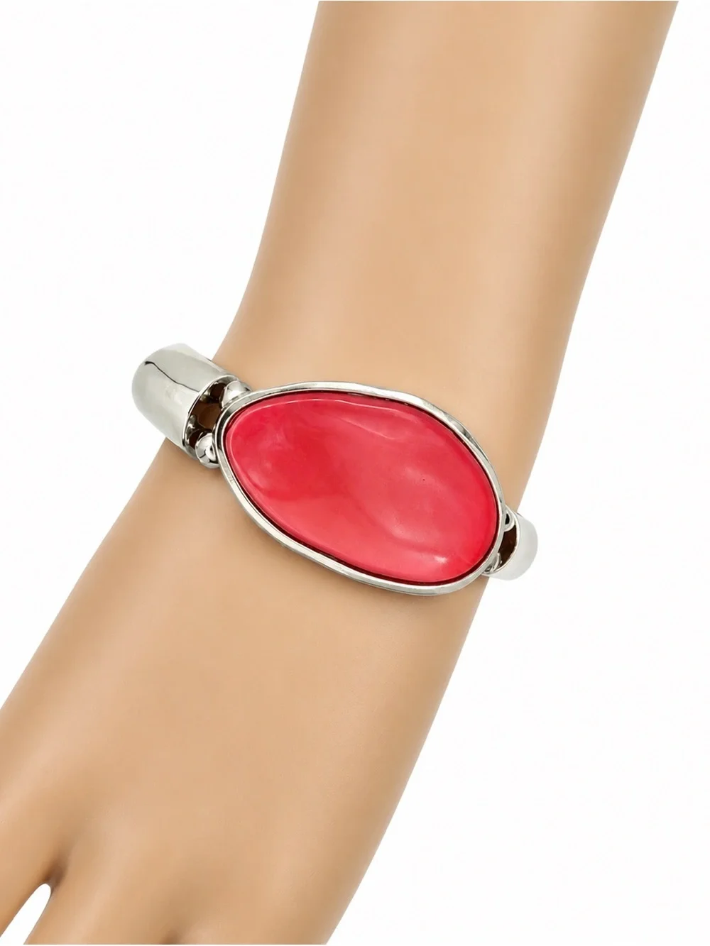 Vtg Red Oval Stone Silver Tone Hinged‎ Bangle Bracelet Statement Jewelry 90s Y2K